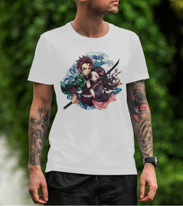 Kimetsu No Yaiba: Demon Slayer Tanjiro Kamado And Nezuko With Sword And Waves T-Shirt