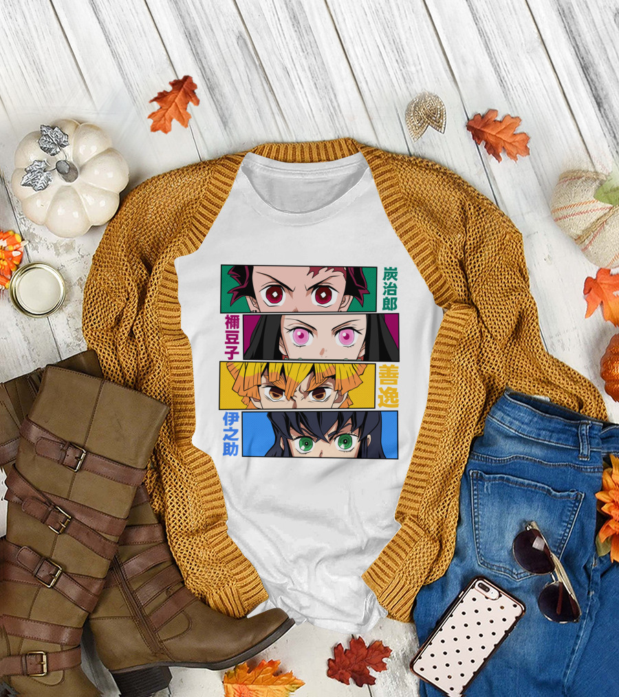 Demon Slayer Kimetsu no Yaiba Tanjiro Nezuko Zenitsu Inosuke Character Faces T-Shirt