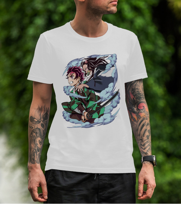 Demon Slayer Kimetsu No Yaiba Tanjiro Nezuko Anime Characters Sword Action Scene T-Shirt