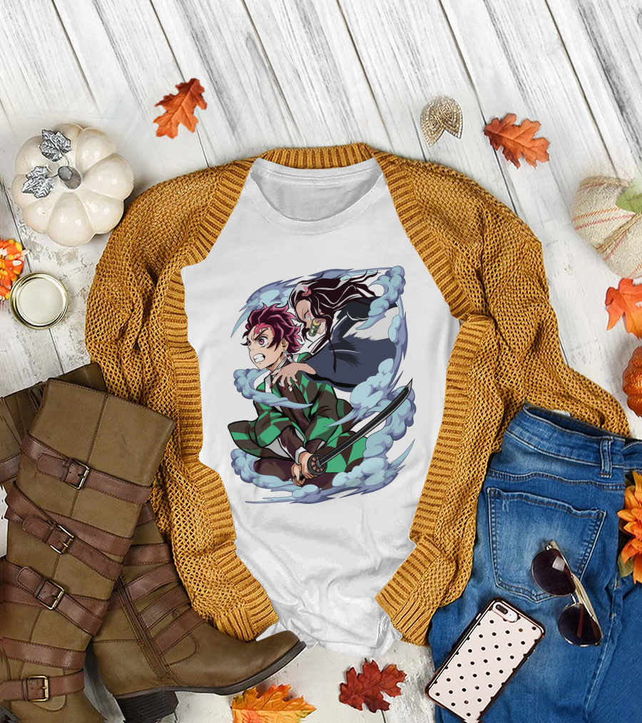 Demon Slayer Kimetsu no Yaiba Tanjiro Nezuko Anime Characters Sword Action Scene T-Shirt