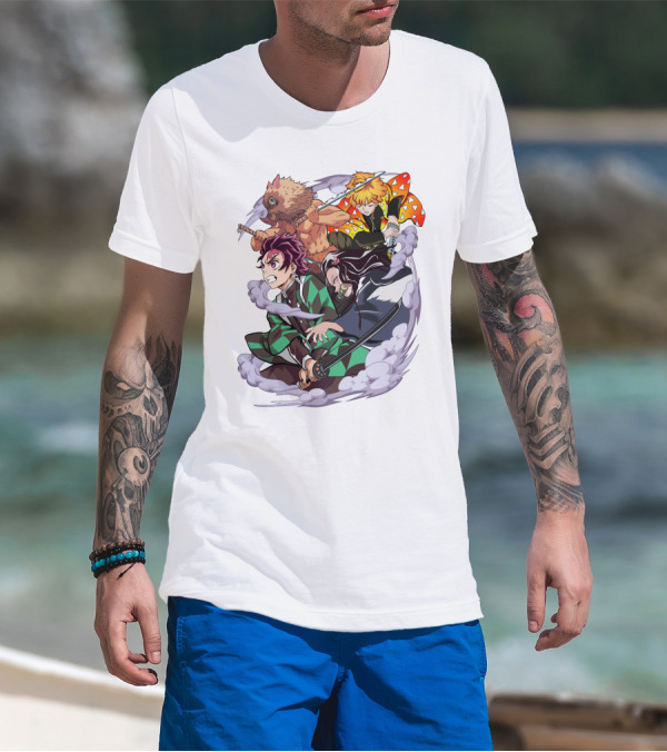 Demon Slayer Kimetsu No Yaiba Tanjiro Nezuko Zenitsu Inosuke Dynamic Action Scene T-Shirt