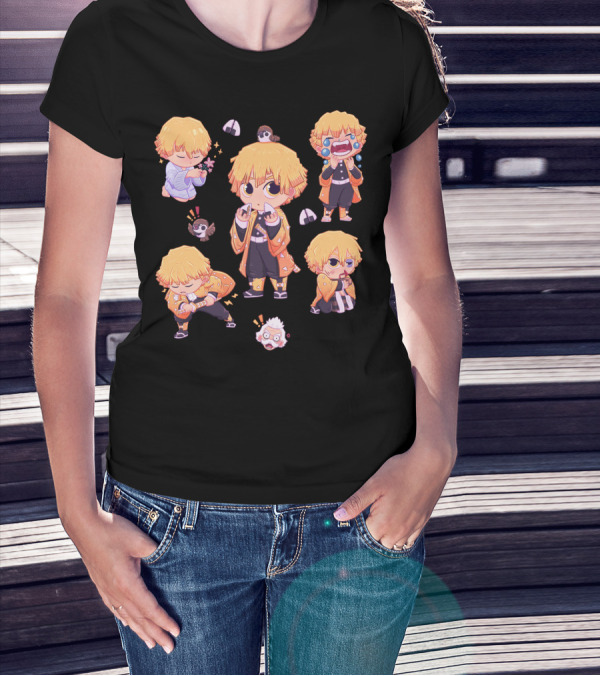 Demon Slayer Kimetsu No Yaiba Zenitsu Chibi Diverse Expressions And Birds Collection T-Shirt