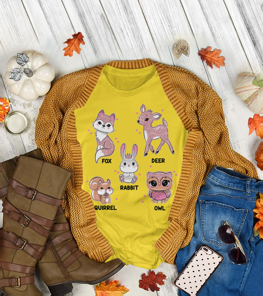 Fox Deer Rabbit Squirrel Owl Cute Animals T-Shirt