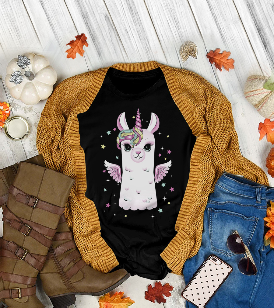 Llama Unicorn with Rainbow Mane and Wings Surrounded by Stars T-Shirt