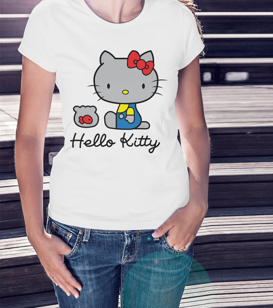 Hello Kitty Gray Cat With Red Bow And Fish Bowl T-Shirt