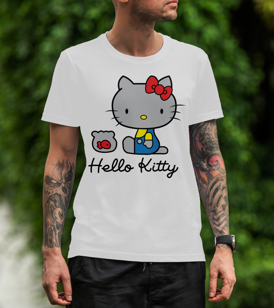 Hello Kitty Gray Cat With Red Bow And Fish Bowl T-Shirt