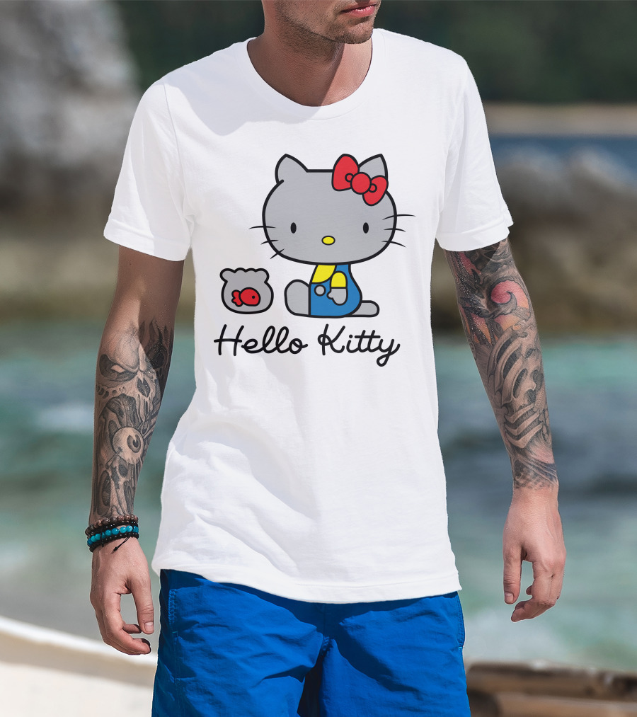 Hello Kitty Gray Cat With Red Bow And Fish Bowl T-Shirt