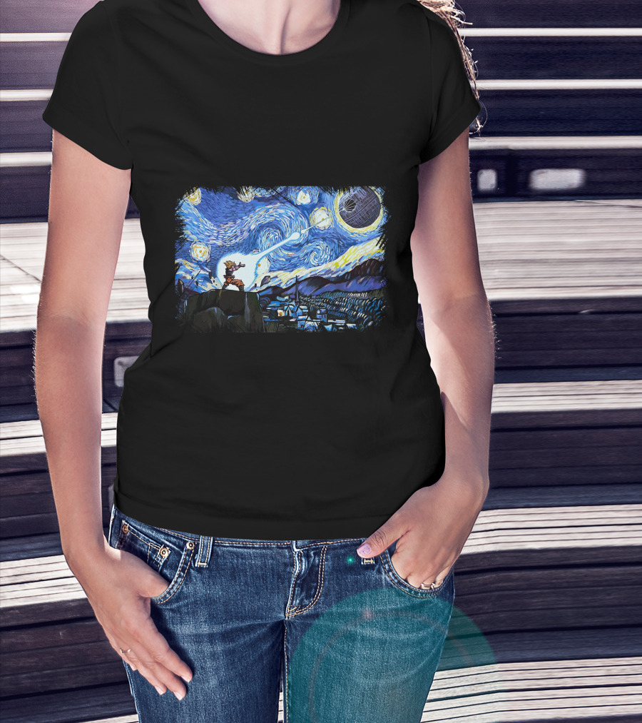 Woman with hands in pockets wearing Van Gogh-Ku Starry Night Fusion Battle T-Shirt.
