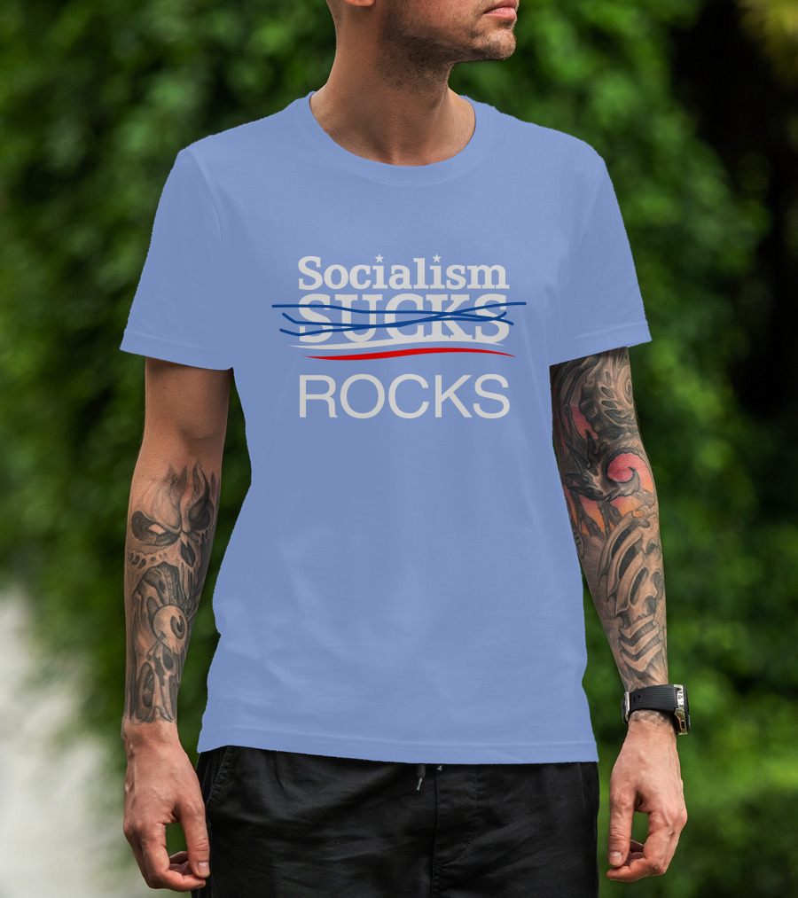Socialism Rocks Blue Text Design With Stars And Strikethrough Line T-Shirt
