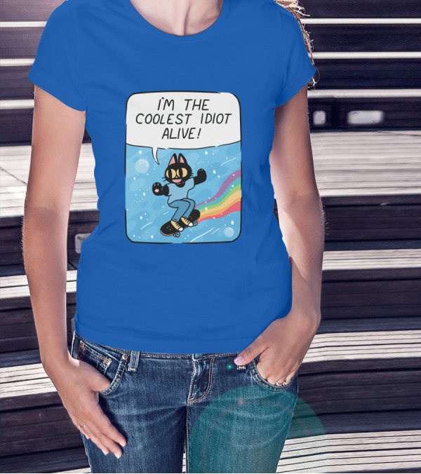 Dinercryptid Time Cowboy Cat Riding Skateboard I'm The Coolest Idiot Still Alive T-Shirt