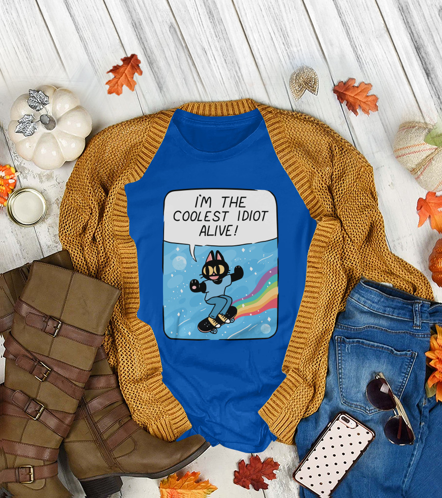 Dinercryptid Time Cowboy Cat Riding Skateboard I'm The Coolest Idiot Still Alive T-Shirt
