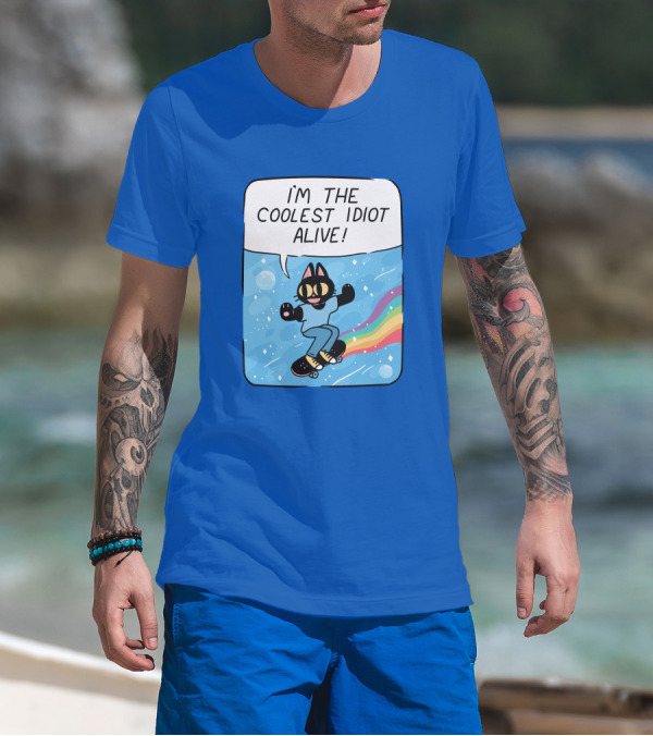 Dinercryptid Time Cowboy Cat Riding Skateboard I'm The Coolest Idiot Still Alive T-Shirt