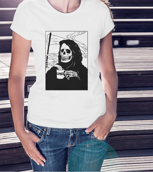 Chelsea Grin Down Right Merch Limbs Coffee Reaper Skeleton Holding Scythe And Mug T-Shirt
