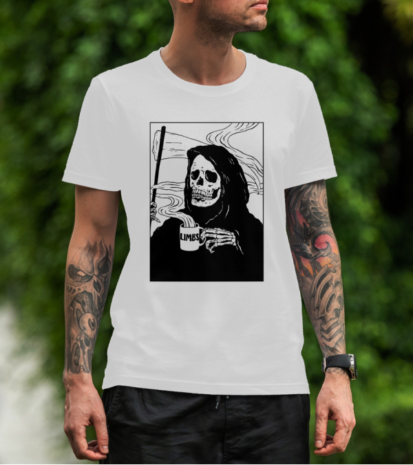 Chelsea Grin Down Right Merch Limbs Coffee Reaper Skeleton Holding Scythe And Mug T-Shirt