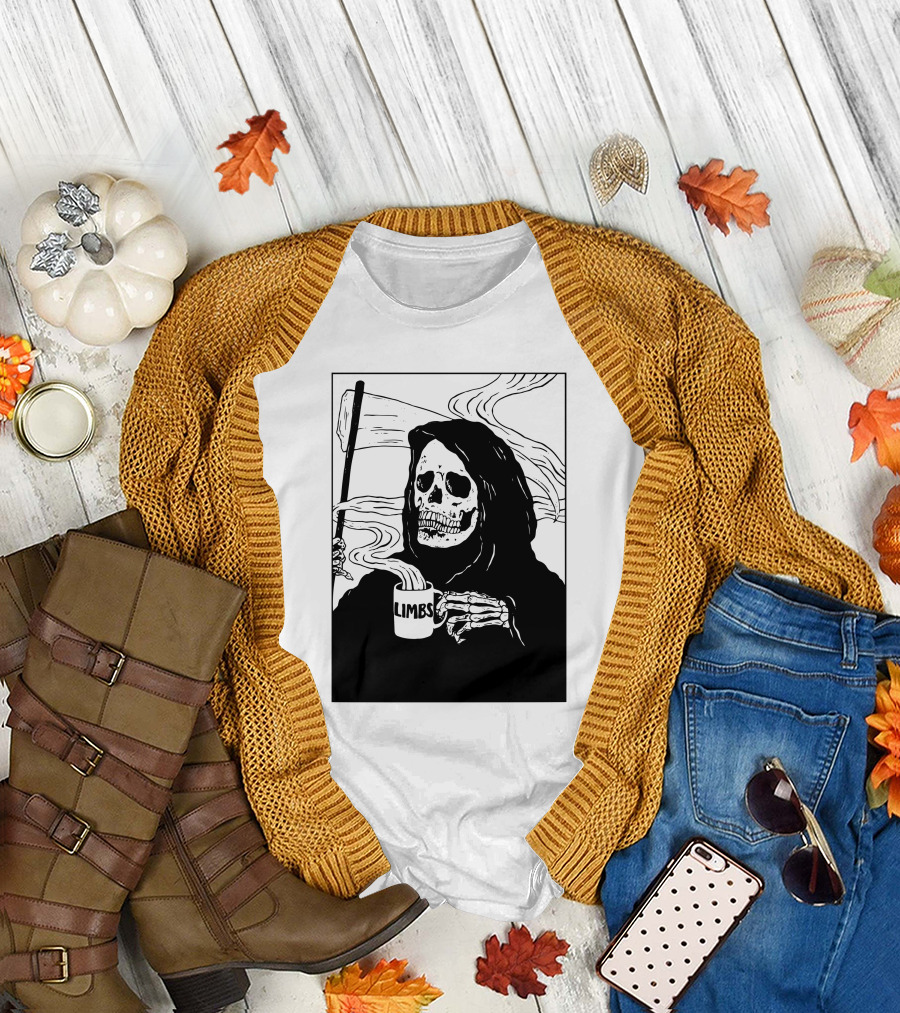 Chelsea Grin Down Right Merch Limbs Coffee Reaper Skeleton Holding Scythe and Mug T-Shirt