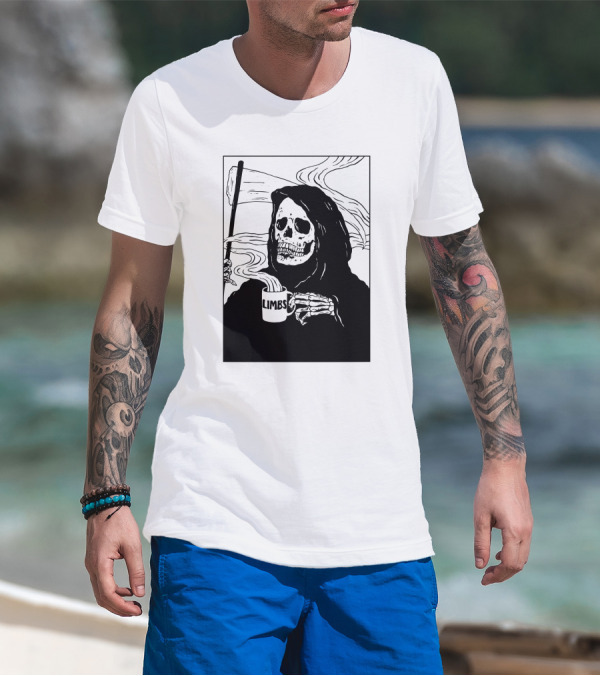 Chelsea Grin Down Right Merch Limbs Coffee Reaper Skeleton Holding Scythe And Mug T-Shirt