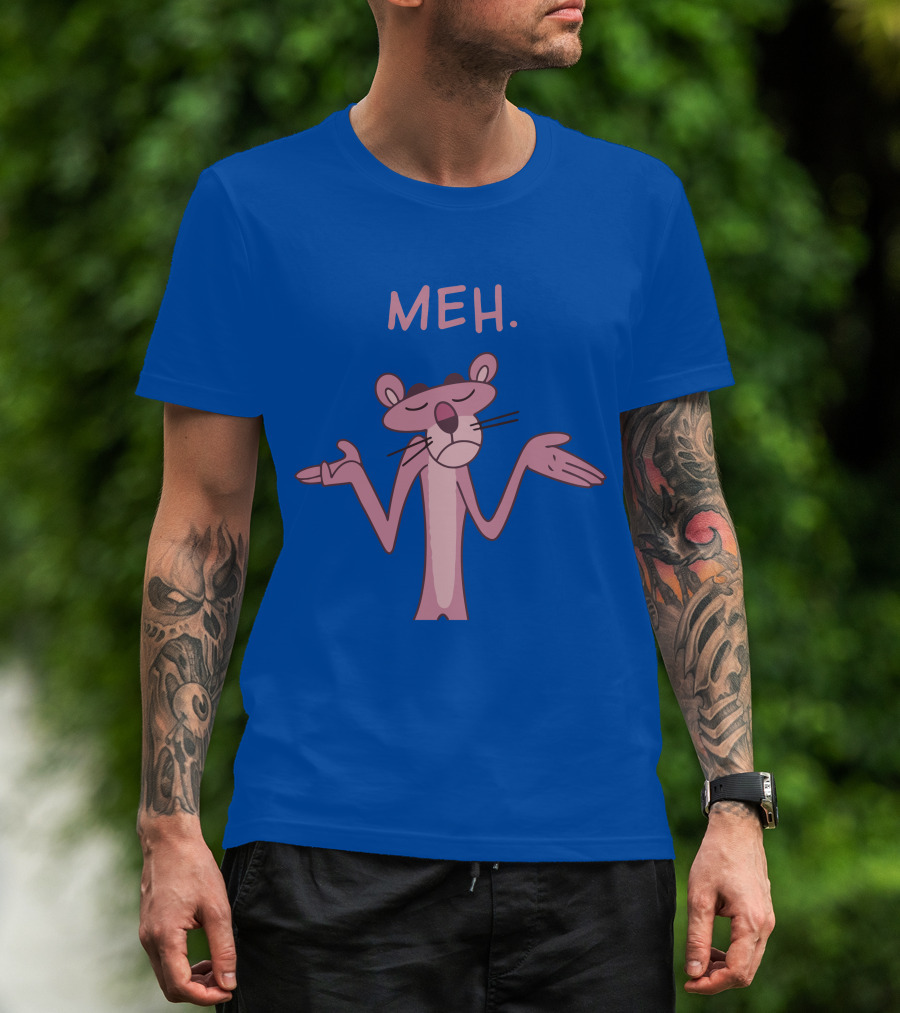 Qwertee Pink Panther Meh Apathy Blue Background T-Shirt