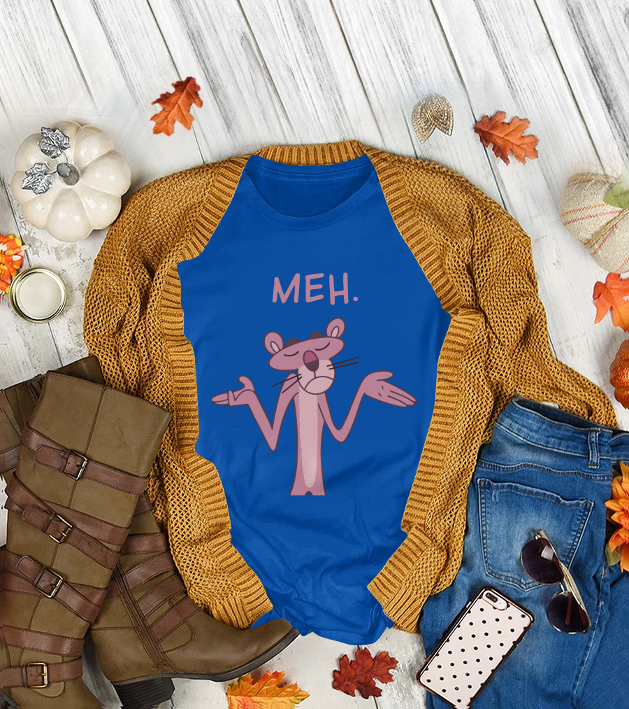 Qwertee Pink Panther Meh Apathy Blue Background T-Shirt