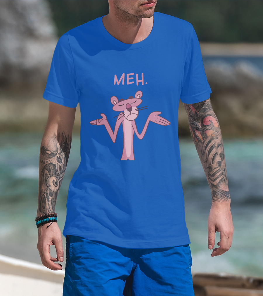 Qwertee Pink Panther Meh Apathy Blue Background T-Shirt
