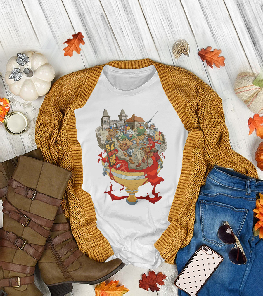Graman Hussite Medieval Battle in Front of Castle with Sword and Shield Warriors T-Shirt
