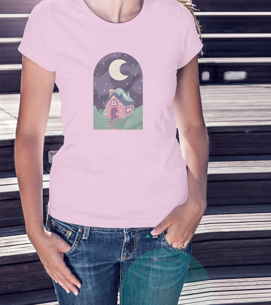 Sleepy Draginn Under Night Sky Crescent Moon Pastel Cottage T-Shirt