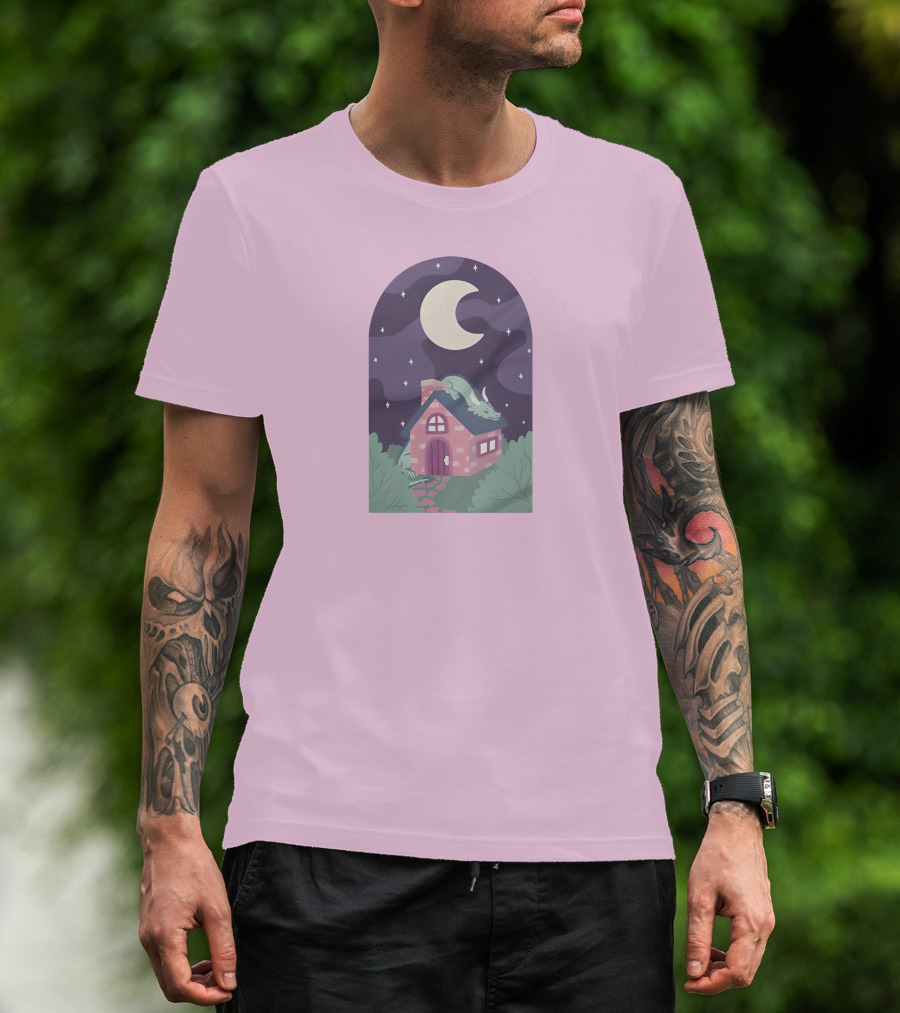 Sleepy Draginn Under Night Sky Crescent Moon Pastel Cottage T-Shirt