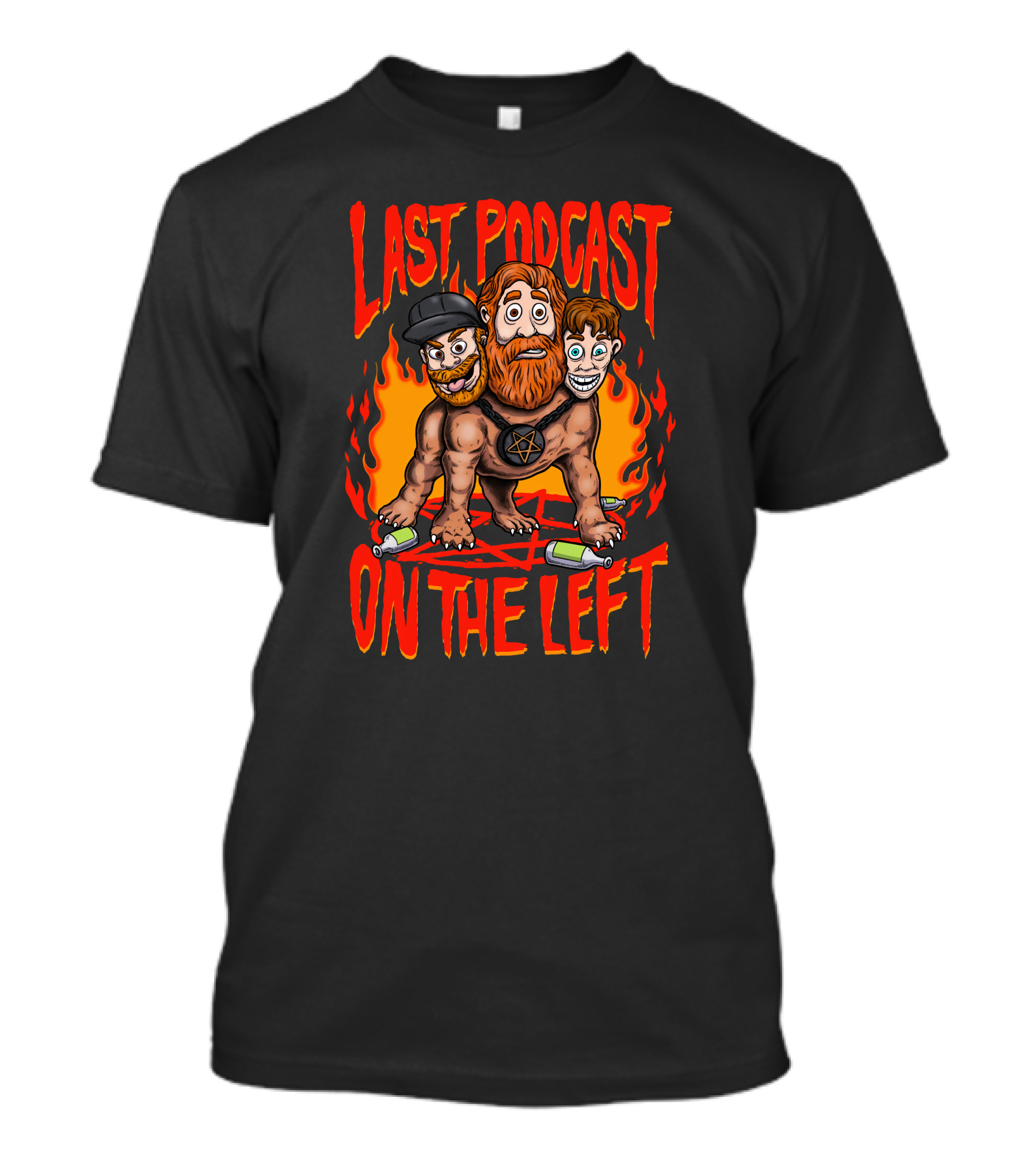 Last Podcast On The Left Hellhound Fire Pentagram Three-Headed Cartoon T-Shirt