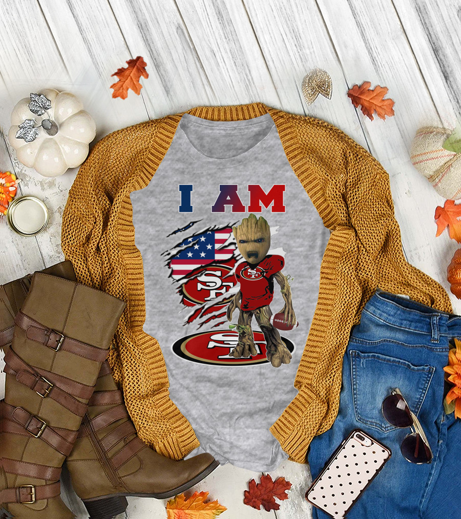I Am 49ers Baby Groot Football Usa Flag Swoosh T-Shirt