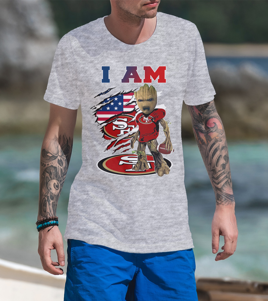 I Am 49ers Baby Groot Football Usa Flag Swoosh T-Shirt