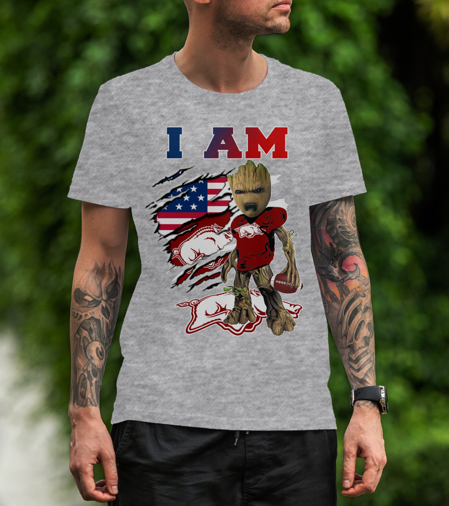 I Am Baby Groot Arkansas Razorbacks Football Usa Flag T-Shirt