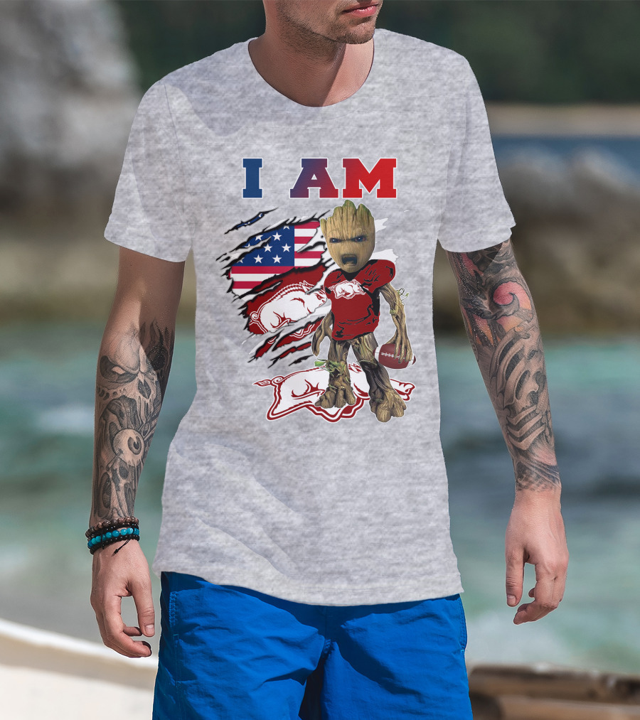 I Am Baby Groot Arkansas Razorbacks Football Usa Flag T-Shirt