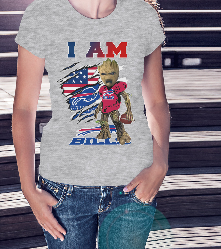 I Am Bills Baby Groot Football Fan With American Flag And Team T-Shirt