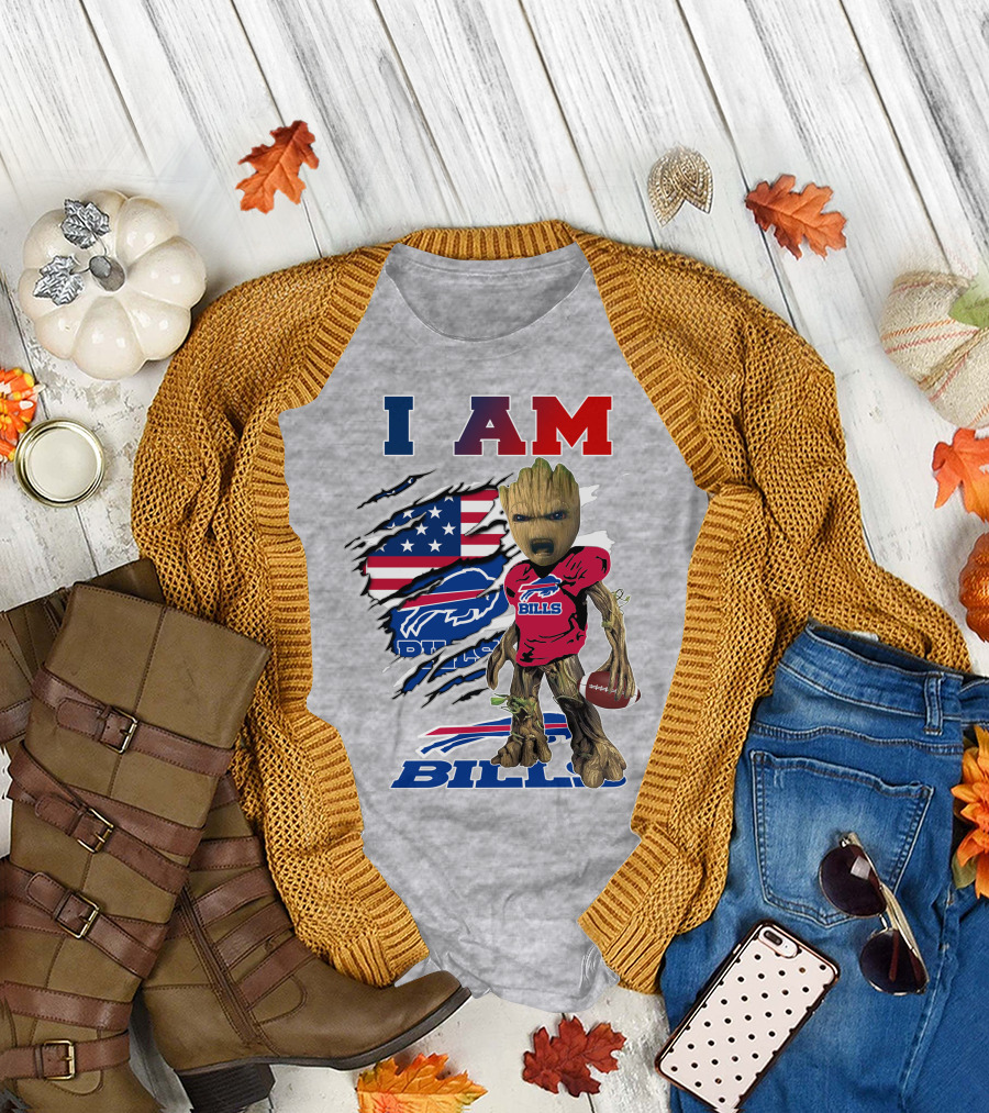I Am Bills Baby Groot Football Fan With American Flag And Team T-Shirt