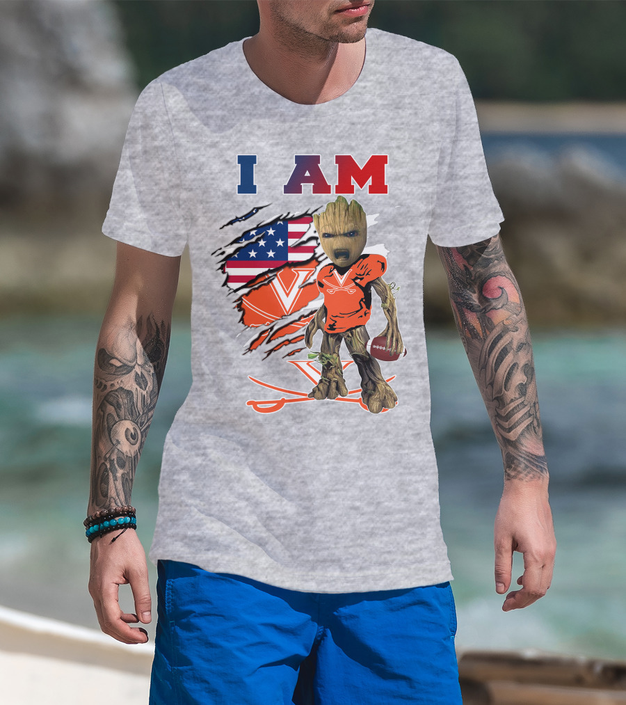 I Am Baby Groot Virginia Cavaliers Football Patriotic Flag T-Shirt