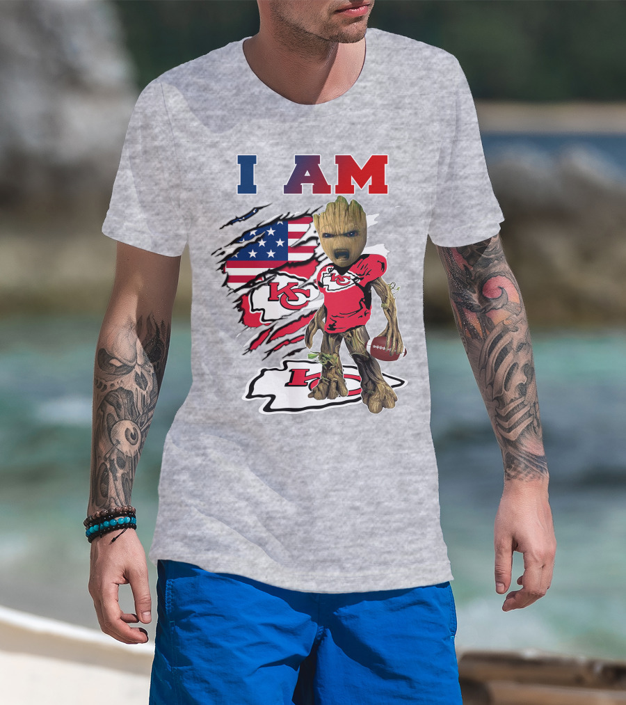 I Am Kc Chiefs Baby Groot Football Usa Flag T-Shirt