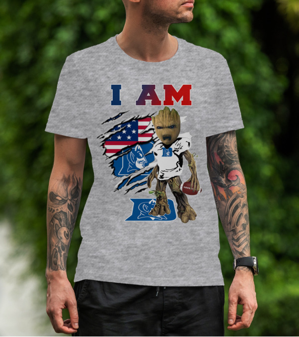 I AM Duke Baby Groot With American Football And Flag Background T-Shirt