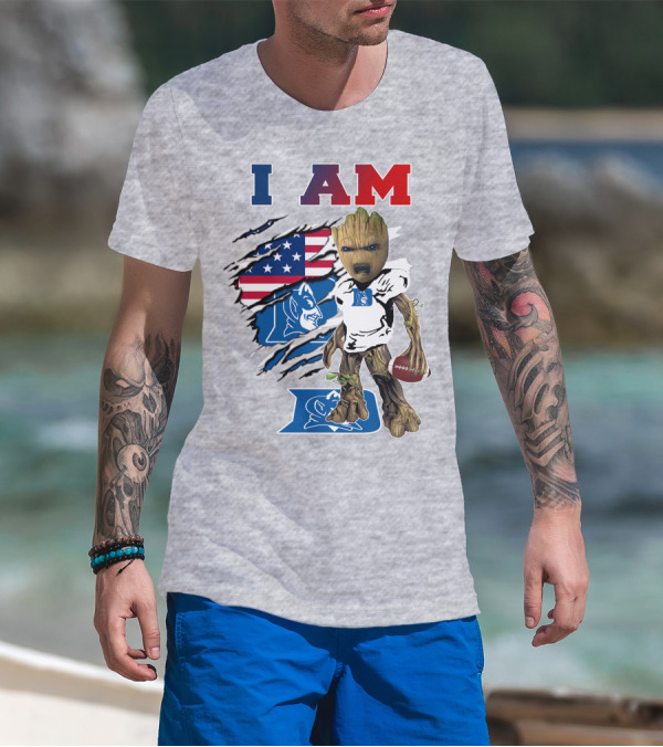 I AM Duke Baby Groot With American Football And Flag Background T-Shirt