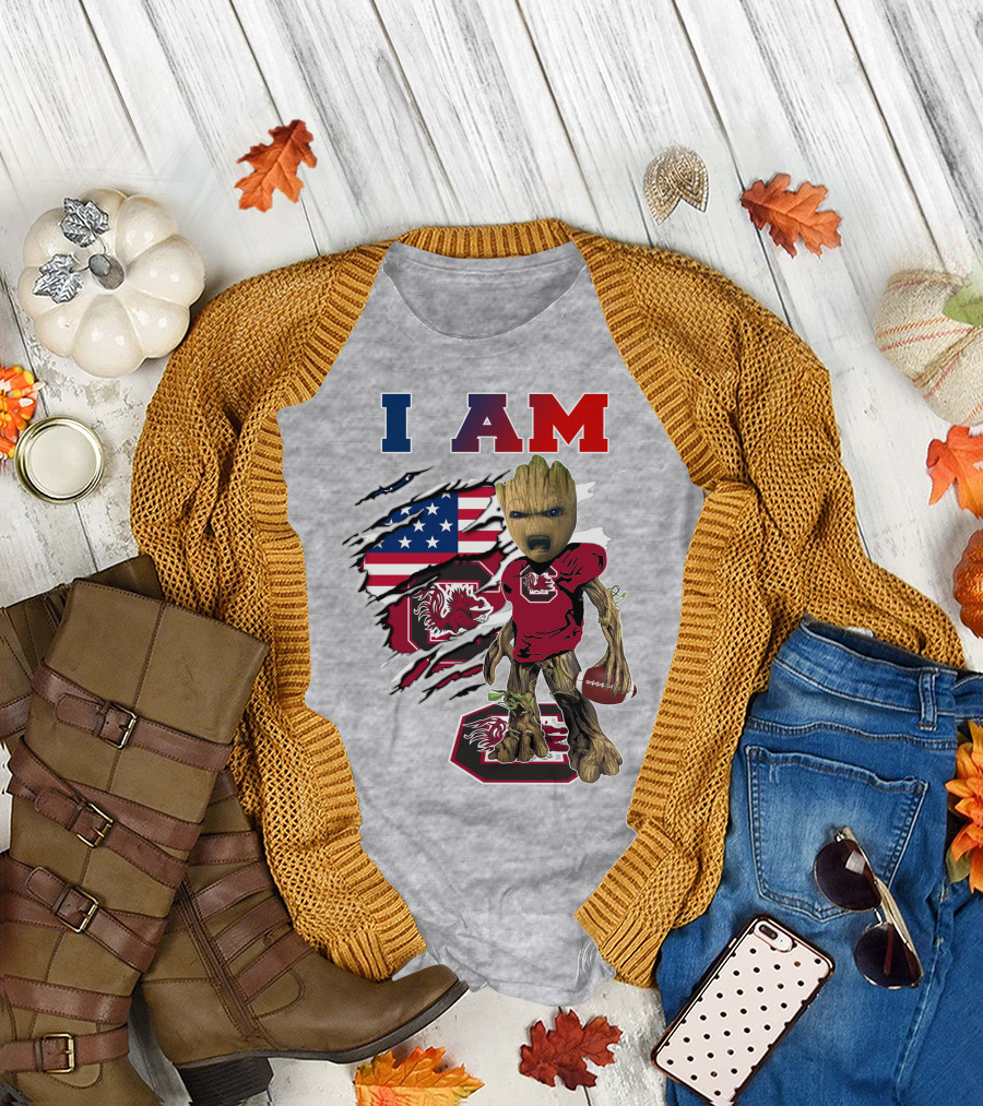 I Am Gamecocks Baby Groot Football American Flag T-Shirt