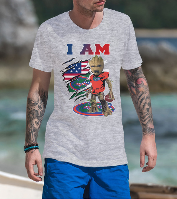 I Am Gators Baby Groot Football American Flag T-Shirt