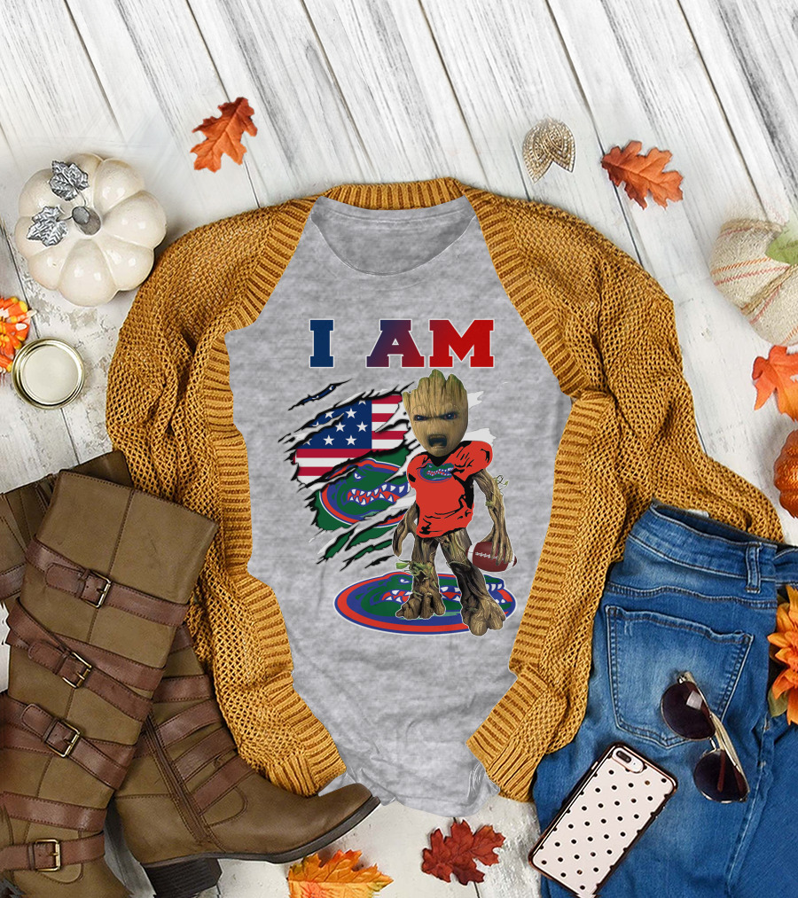 I AM Baby Groot Gators Football American Flag T-Shirt