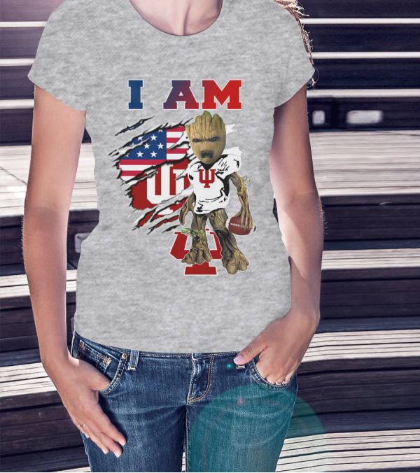 I AM Indiana University Hosiers Baby Groot Football USA Flag T-Shirt