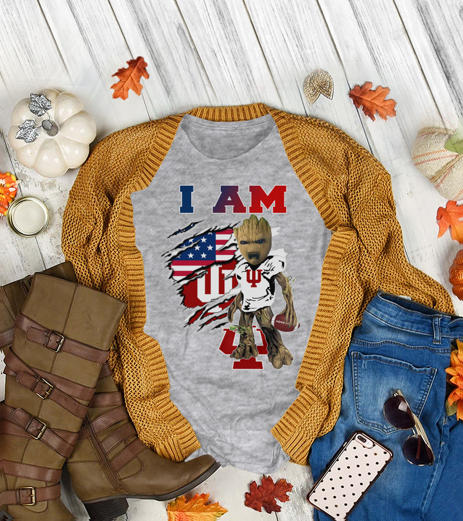 I AM Indiana University Hosiers Baby Groot Football USA Flag T-Shirt