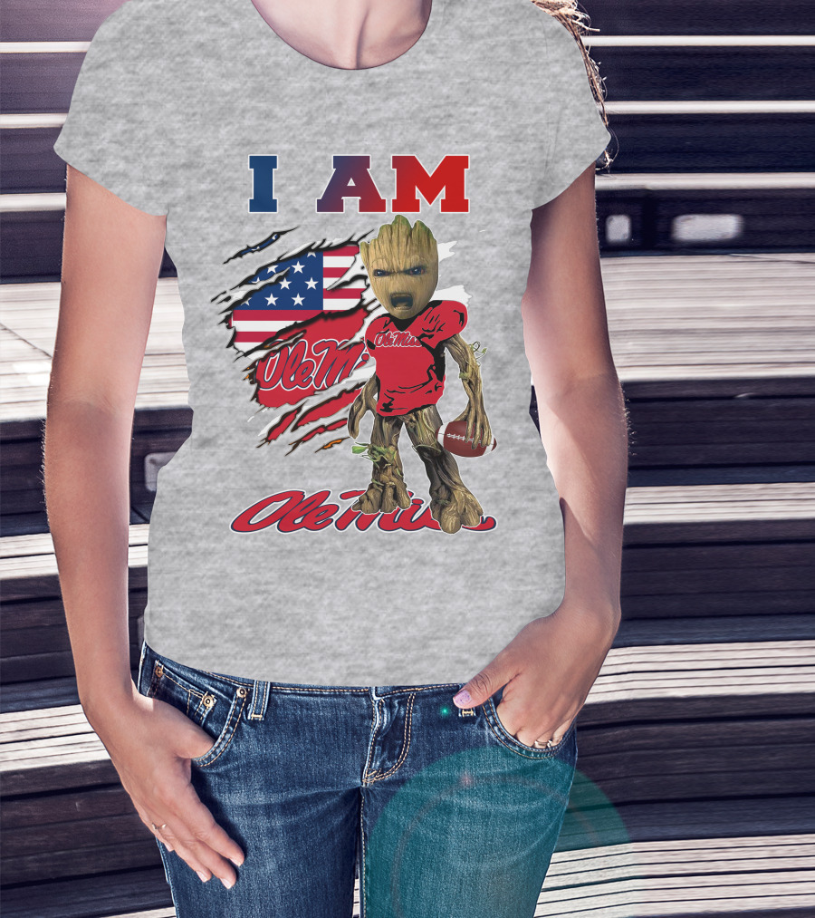 I Am Ole Miss Baby Groot Usa Flag Football T-Shirt