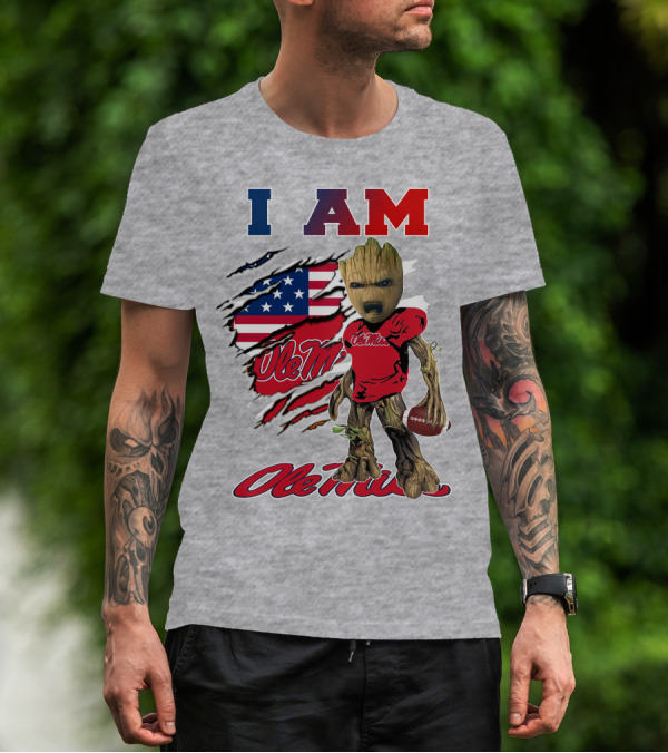 I Am Ole Miss Baby Groot Usa Flag Football T-Shirt