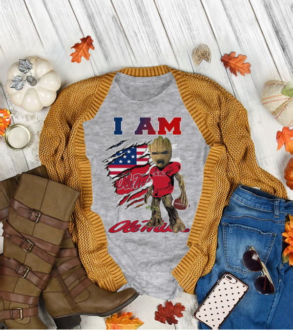 I Am Ole Miss Baby Groot Usa Flag Football T-Shirt