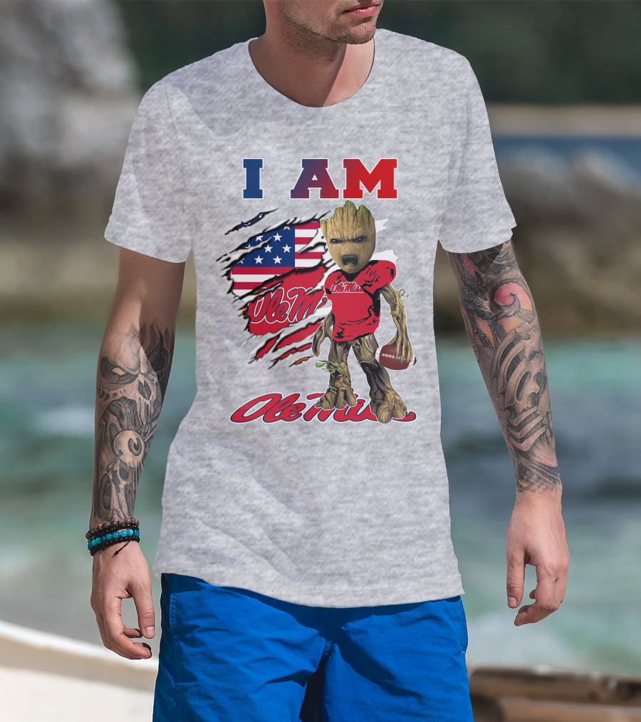 I Am Ole Miss Baby Groot Usa Flag Football T-Shirt