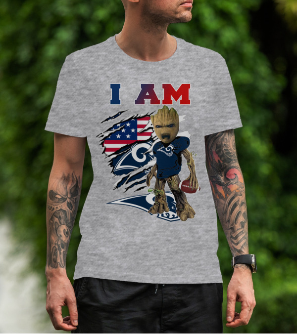 I AM Rams Baby Groot Football American Flag T-Shirt