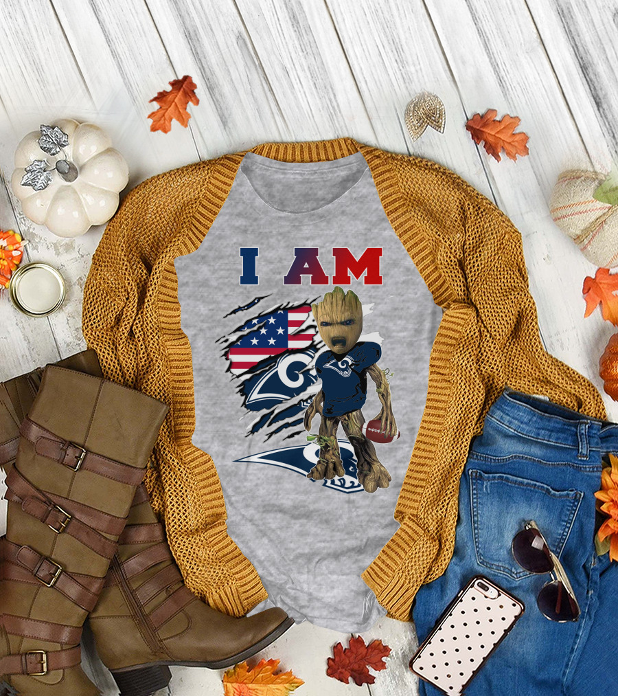 I AM Rams Baby Groot Football American Flag T-Shirt