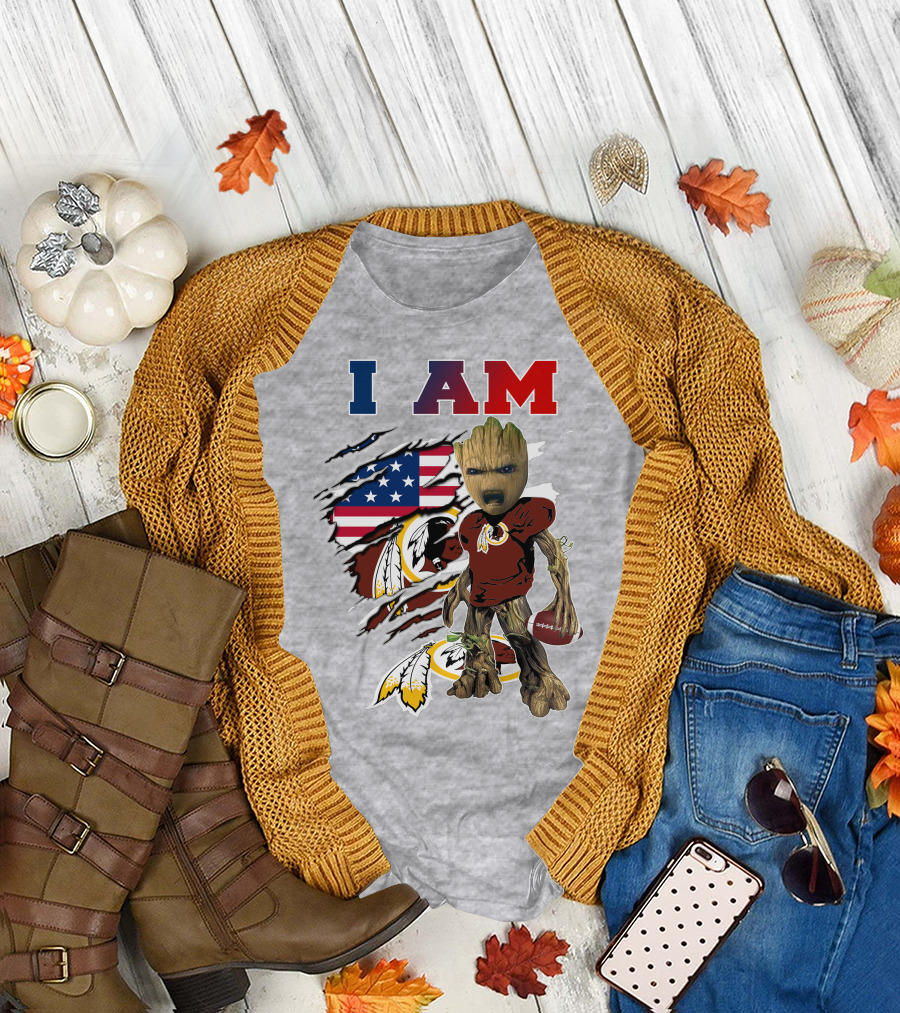 I AM Redskin Baby Groot Football USA Flag T-Shirt