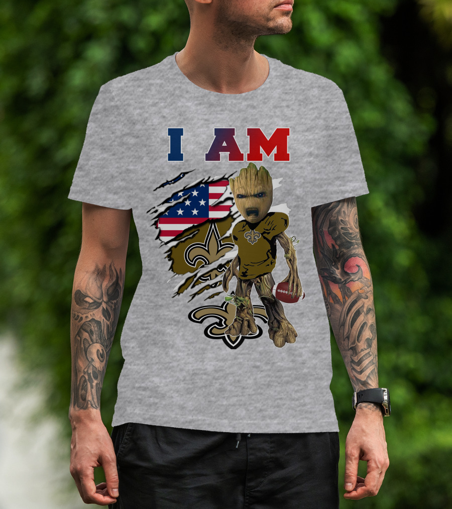 I Am Saints Baby Groot Nfl Football Fleur-De-Lis Usa Flag T-Shirt